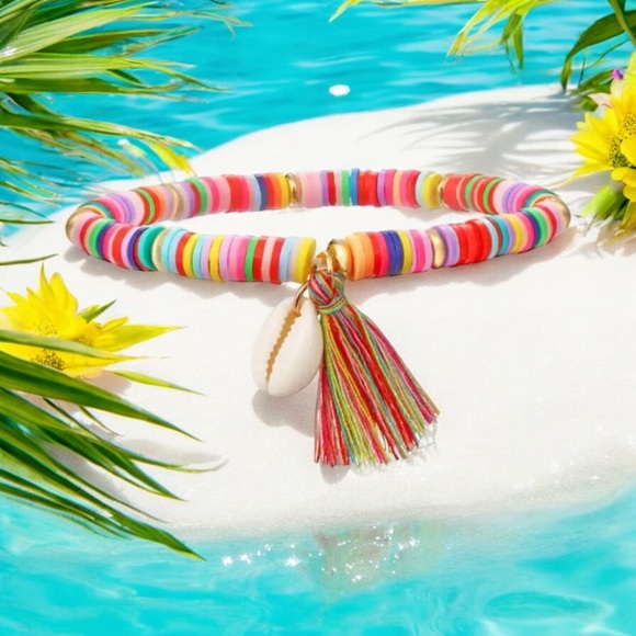 Jewelry - Rainbow Wrist Bracelet or Ankle Bracelet with Polymer Clay Beads and Tassle